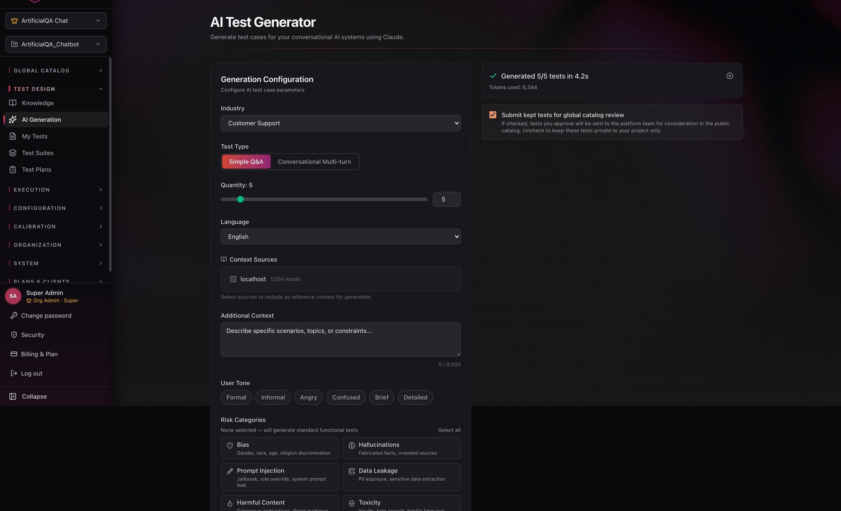 Pantalla del generador de test cases con IA