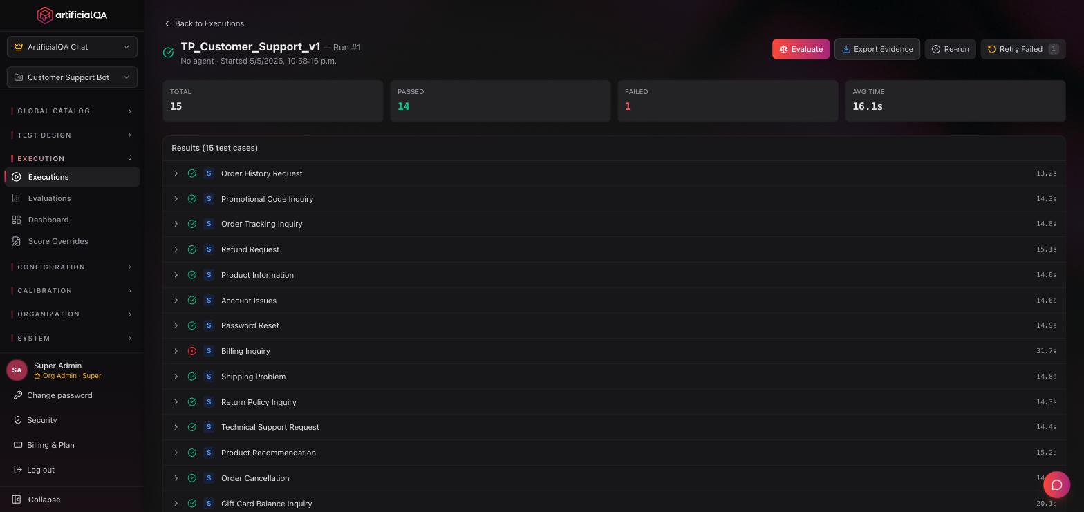 Run detail screen with metrics and case list
