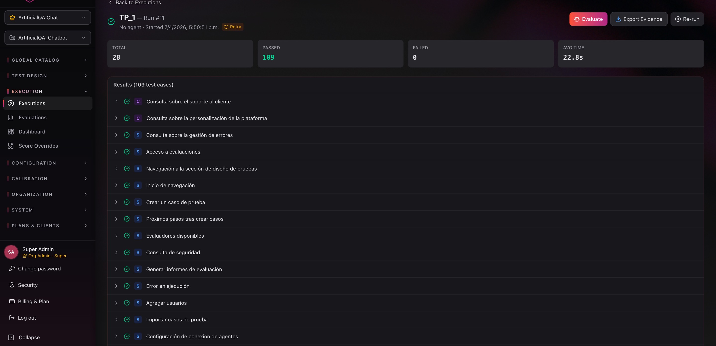 Pantalla de detalle de un Run con métricas y lista de cases